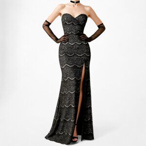 Vintage Black Strapless Lace Bodycon Side Slit Maxi Prom Dress Size XS